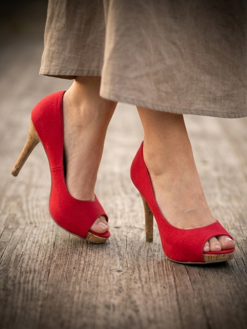 Christian Siriano Red Canvas Peep Toe Cork Heel Pumps